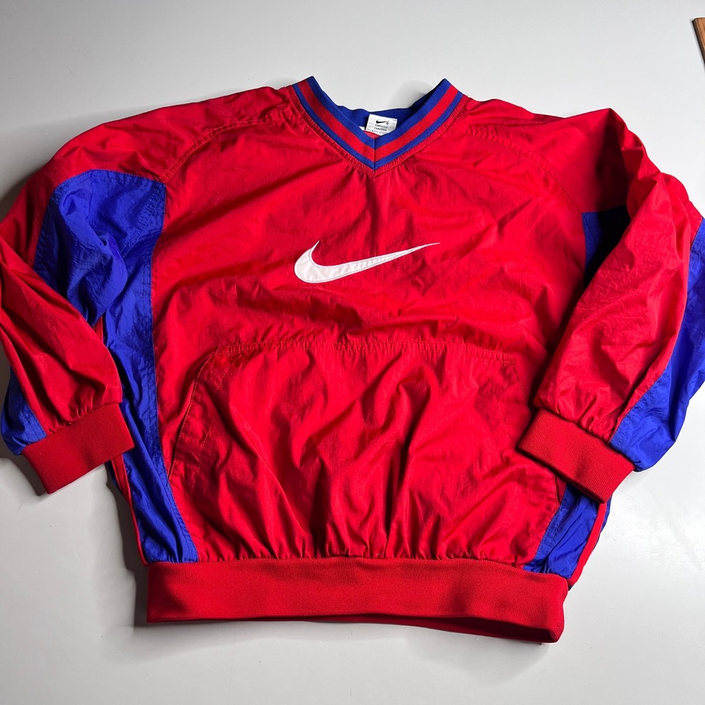 Vintage Nike Kids Windbreaker Pullover Red Blue V-Neck Swoosh Large 14 L(14)